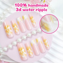 RTKHFZE Long Press on Nails Square Shape Fake Nails with Flower and French Tip Design,Nude Glue on Nails Gift for Holiday/Christmas Day/Daughter/Party/Valentine'S Day
