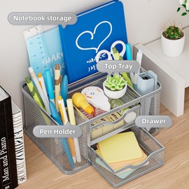 Marbrasse Mesh Desk Organiser, Pen Organiser with 2 Drawer, Multi-Functional Pencil Holder for Desk, Desk Organisers and Accessories with 5 Compartments + Drawer for Home Office Supplies (Silver)