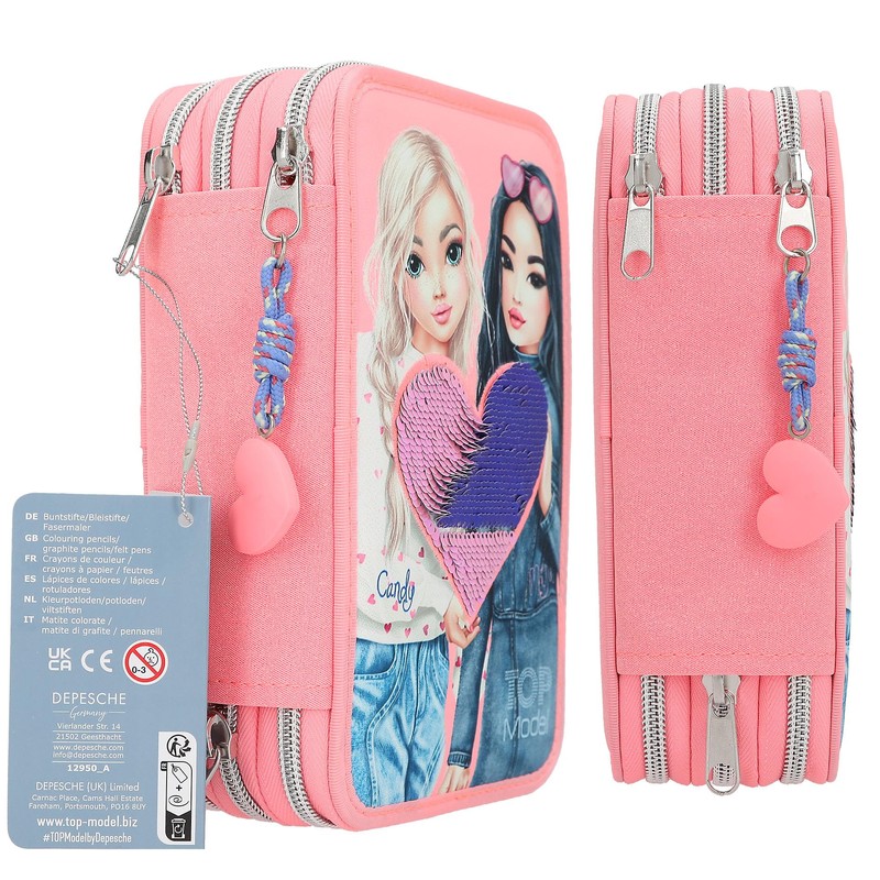 Depesche TOPModel 12950 Filled 3-Compartment Pencil Case in Pink, with