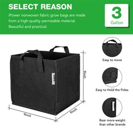 iPower 5 Pack 3 Gallon Square Grow Bags Thickened Fabric Pots with Handles and Stick Holders for Poles, Black