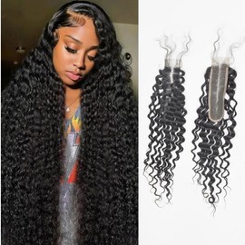 2x6 Deep Wave Lace Closure Brazilian Human Hair Deep Curly Closure 6x2 Curly Loose Deep For Black Women Pre Plucked Natural Black (2x6 deep wave closure, 22inch)