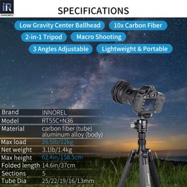 INNOREL 62 inches 10 Layers Carbon Fiber Camera Tripod Monopod with 360 Degree Low Gravity Center Ball Head, two 1/4 inch Quick Shoe Plates, Carry Bag for DSLR, Video, Load up to 26 pounds (RT55C+N36)