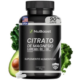 NuBoost - Citrato de Magnesio 400 mg, Alta Absorción - Magnesio en Cápsulas - 2400 mg Citrato por Porción - 90 Cápsulas - Apoyo Muscular y Bienestar - Vegano, Hecho en USA