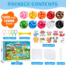 PITMT 10 mm Ironing Beads Large Set, 1200 Pieces XL Beads 10 Colours with Ironing Beads Plates, 10 Patterns, 3 Ironing Paper, 5 Key Chains and Accessories for Children from 3 Years, Crafts, Gift