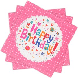 100 PCS Happy Birthday Paper Napkins, 13 x 13 Inches Colorful Flowers Dots Cocktail Napkins, 2-Ply Pink Disposable Hand Towels Napkins for Luncheon, Kids Birthday, Baby Shower Party Supplies