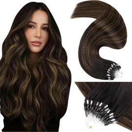 LaaVoo Micro Ring Hair Extensions Real Human Hair Brown Remy Straight Balayage Darkest to Light Brown Invisible Micro Beads Hair Extensions 50g 50s 18 Inch #2/8/2