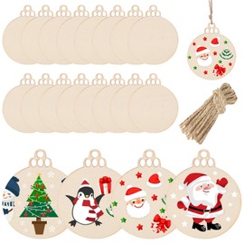 Unvtap 20PCS Wooden Christmas Ornaments, Wooden Round Bauble Blank Wooden Baubles, DIY Wooden Christmas Decorations with String for Xmas Tree Decoration DIY Crafts
