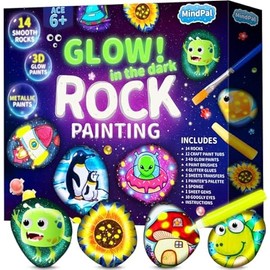 MindPal Kids Rock Painting Kit, 14 Pebbles for Painting - Glow in The Dark Rock Kit - Arts and Crafts for Kids Ages 6-12, Birthday Christmas Gift for Boys and Girls