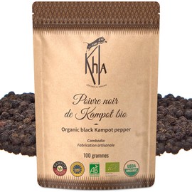 Khla - Kampot Pepper Black Organic 100g - Black Peppercorns Whole Organic - Grand Cru - Ingredient Kitchens - Direct from Producer - Black Grains Whole for Mill - Origin Cambodia
