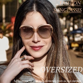 Oversized Sunglasses Womens Polarized, Ladies Big Frame Sun Glasses UV Blocking, Trendy Full Coverage Large Jackie Sunnies Shades (Black+Clear Brown)