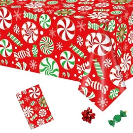 POPOYU Christmas Tablecloth,137x274cm Large Xmas Lollipop Red Table Cloth,Rectangle Waterproof Plastic Party Table Cover for Christmas Party Dinner,Winter Holiday,Christmas Table Decorations