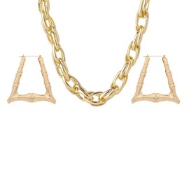 COLORFUL BLING Gold Tone Punk Chunky Link Chain Necklace with Large Hollow Bamboo Shaped Geometric Hoop Earrings Set Statement Jewelry Hip Hop Cool Rapper Accessories-A triangle