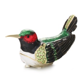Hand Painted Enamel Hummingbird Trinket Box, Hinged Jewelry Box Unique Mini Ring Necklace Jewelry Organizer, Vintage Bejeweled Storage, Figurine Collectible Keepsake Home Decor (Dark Green)