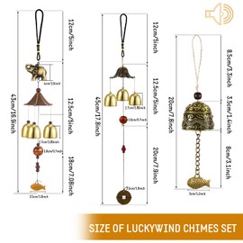 3 Campanas de Viento Feng Shui Campanas de Metal Chino Vintage Campanilla Colgante Feng Shui de Pez Dragón y Elefante para Buena Suerte, Seguridad, Decoración Colgante de Patio Jardín Hogar