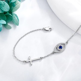 DAYLINLOVE Evil Eye Bracelet 925 Sterling Silver Cross Bracelet Blue Evil Eyes Link Bracelet for Women
