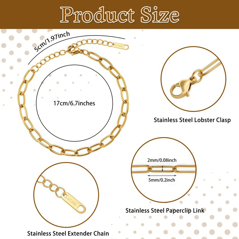 10Pcs Charm Bracelet Paperclip Chain Bulk,6.7'' Charm Bracelet Chains Stainless