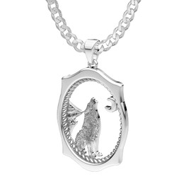 US Jewels 925 Sterling Silver Howling Wolf Animal Pendant Necklace, 23mm