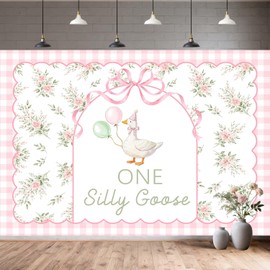 One Silly Goose Backdrop, 1st Birthday Party Banner, Pink Floral First Birthday Decoration, Watercolor Farm Animal Theme Photography Background,7X5FT,Pink