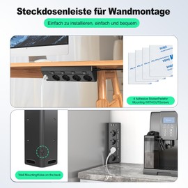 Corner Socket Kitchen 4 Compartments, Table Socket with 2 USB C, Corner Socket Strip with 2 USB, Desk Socket, Kitchen Socket, Wall Mounting, Multiple Socket Switch - 2 m, Black