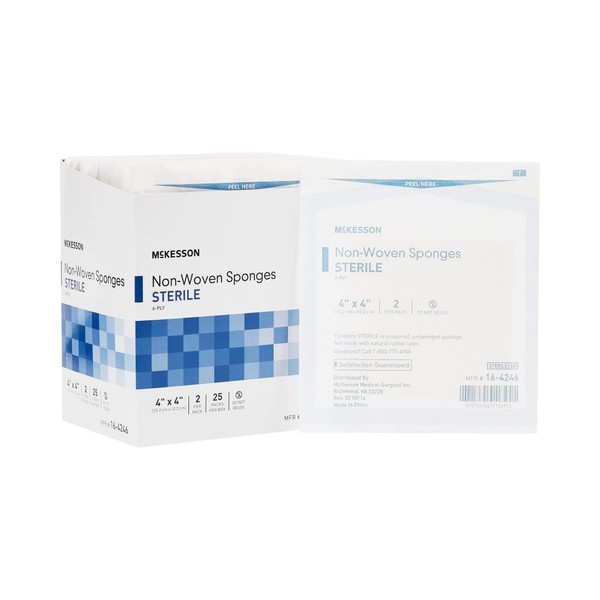 McKesson Non-Woven Sponges, Sterile, 6-Ply, Polyester / Rayon, 4 in x 4 in, 2 Per Pack, 300 Packs, 600 Total