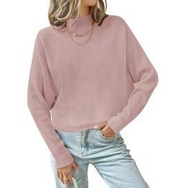 ZESICA Women's Fall Turtleneck Batwing Long Sleeve Ribbed Knit Casual Soft Pullover Sweater Jumper Top,Pink,Medium