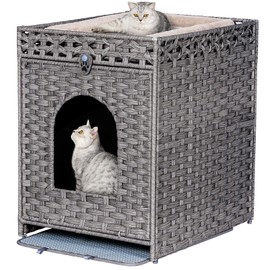 Snughome Cat Litter Box Enclosure with Cat Litter Mat, Hidden Cat Washroom Furniture with Door, Handwoven Rattan Cat Washroom Box, Indoor Pet House Storage for Living Room, Bedroom, Balcony (Grey)