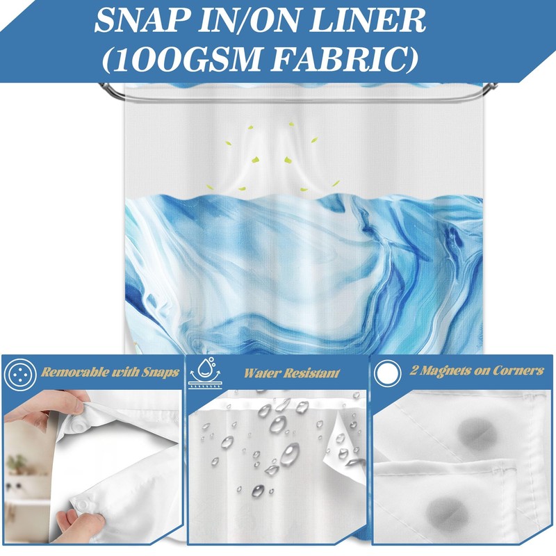 Marble Hookless Shower Curtain with Snap in Liner, 71x74 in,