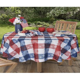 Newbridge Oval Fabric Tablecloth, 60 x 84 Inch, American Tossed Stars, Indoor Outdoor Stain and Wrinkle Resistant Fabric Table Cover, Red White and Blue Plaid Americana, Summer Patriotic