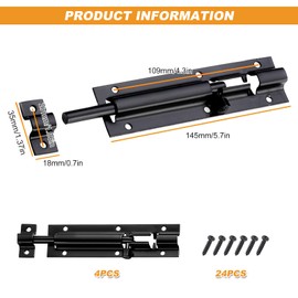 Door Security Slid Latch Lock, 6 Inch Black Door Lock Bolt, Barrel Bolt Stainless Steel Sliding, Door Latch Lock with Screws, Heavy Duty Door Security Bolts for Home Yard Garden(4 Pack)