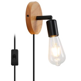 LUSTORM 1 Black Plug In Wall Lights Set of 2 Modern Wooden Wall Lights Adjustable Angle with Plug Cord for Bedroom Industrial Vintage Lighting Wall Lights for