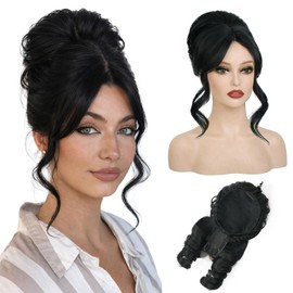 Kurope Black Wig 2-in-1 Messy Bun Hairpieces Ponytail with Bangs Drawstring Updo Synthetic Hairpieces for Women Hair Topper with Lace Side Bangs Natural Looking Lightweight