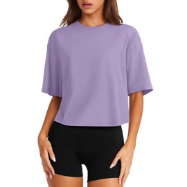 LASLULU Womens Short Sleeve Workout T-Shirts Loose Fit Casual Yoga Tee Exersice Outdoor Crop Tops Summer Outfits Going Out Tops(Violet Medium)