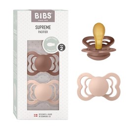 BIBS Supreme - Pack de 2 chupetes sin bisfenol A, pezón simétrico, caucho natural/látex, fabricado en Dinamarca, 6-18 meses (paquete de 2), Woodchuck/Blush