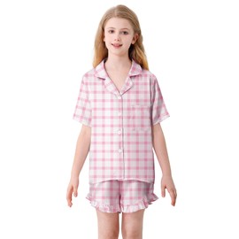 Umeyda Girls Satin Silky Collar V Neck Ruffle Short Sleeve Top and Shorts Sleepwear PJs, Baby Pink Grid, 7-8 Years