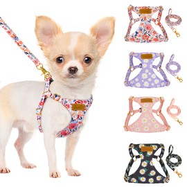 SlowTon No Pull Dog Harness with Leash - Soft Lightweight Floral Pattern Puppy Harness, Adjustable Pet Harness for Small Medium Dogs (Flower XXS)