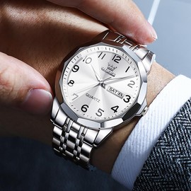 OLEVS Reloj para Hombres Analógico Cuarzo Acero Inoxidable Impermeable Luminoso Lujo Vestido de Negocios Fecha Reloj de Pulsera de Dos Tonos