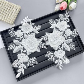 G-RUI 2pcs/pair Beaded Sequins Embroidery Flower Lace Appliques for Wedding Dresses Rhinestone Lace Applique Patches Embroidery Parches ropa for Clothes (White)