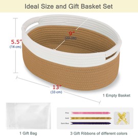 BOSROTY Small Woven Basket with Gift Bags and Ribbons, Empty Baby Gift Baskets for Kids Women Men, Shelf Storage, Small Cat Dog Pet Toy Boxes, 13”x 9”x 5.5”, Camel