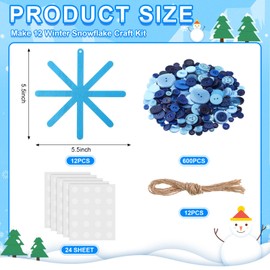 CraftyDream 12 Set Christmas Snowflake Craft Kit for Kids Wooden Stick and Buttons Winter Snowflake Ornament Make Your Own Snowflake for Xmas Tree Hanging Decoration DIY Home Activities(Blue,Classic)