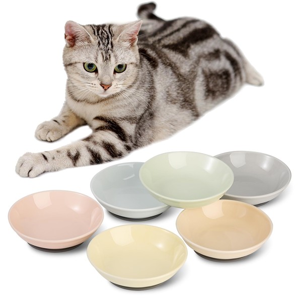 Ceramic Cat Food Bowl Set - Colorful Cat Feeding Bowls with Non Slip Mat - Wide Shallow Cat Bowl Whisker Friendly - Cat Plates - Cute Cat Dish - Microwave Dishwasher Safe - 6 Pack - 8.5 oz - 5.75 inch