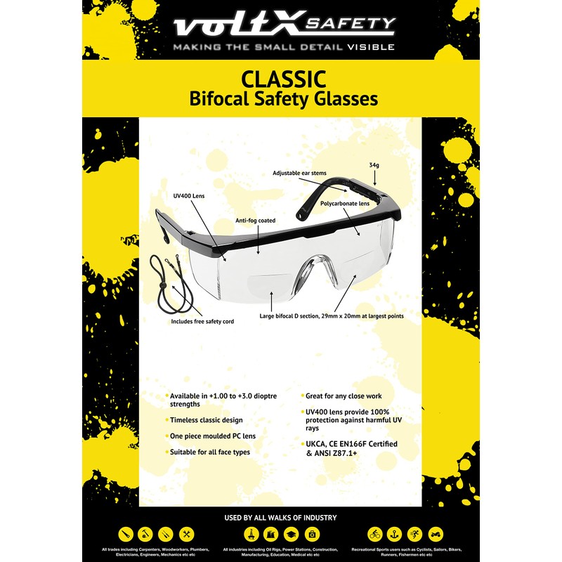 voltX 'Classic' Bifocal Safety Glasses (Clear +3.0 Dioptre) – UKCA
