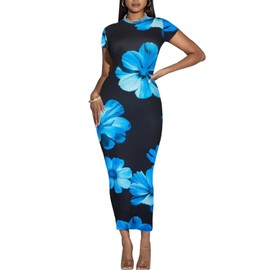 Women's Maxi Club Bodycon Dresses Short Sleeve Floral Print Casual Summer Basic Club Party Long Tight Pencil Dress Blue Flower S