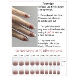 Semi Cured Gel Nail Strips, （Chocolate Ombre） 20pcs Gel Nail Stickers Work with UV, Easy to Use and Remove