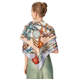 Jeelow 100% Pure Silk Scarf Scarves For Men & Women 35x35 Inch Square Mulberry For Hair Wrapping (Beige Pink Chain)