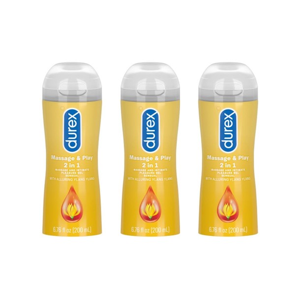 Durex Sensual Massage & Play 2 in 1, Massage Gel and Personal Lubricant, Intimate Seductive Lube with Ylang Ylang Extract, Water-Based, 6.76 oz. (Pack of 3)