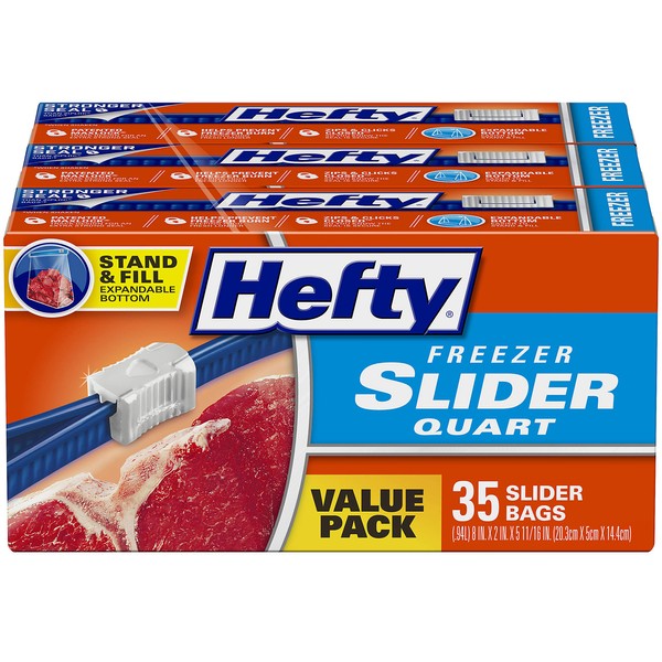 Hefty Slider Freezer Storage Bags, Quart Size, 35 Count (Pack of 3), 105 Total