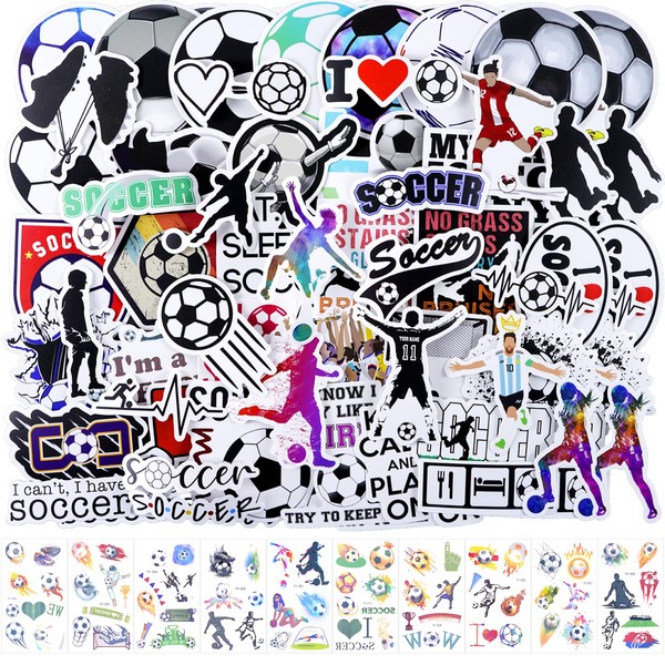 120 Pcs Football Tattoos Stickers, Vinyl Waterproof Decals and Face Temporary Tattoos for Soccer Game, Water Bottle, Laptop, Guitar, Skateboard, Bike, Flask, Luggage for Adults Kids