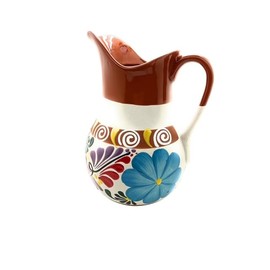 Mexican Water Carafe Drinks Jar Mexicana, de Barro for Hot or Cold Beverages Drinks Natural Clay Large 12x8.5" W/Handle Hand Made Painted Glazed Large (Cafe Claro con Blanco. Flor Azul y Cafe)