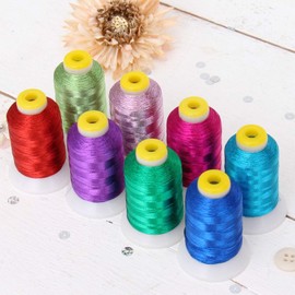Threadart 8 Cones Metallic Embroidery Thread Set | 500 Meter Cones (550 Yards) | Bright Colors | For Machine Embroidery