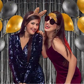 BRAVESHINE Black Halloweens Party Foil Fringe Curtains - 2 Pack Metallic Tinsel Photo Booth Streamers Backdrop for Birthdays, Stranger Theme, Music, Prom, Christmas Party Decorations